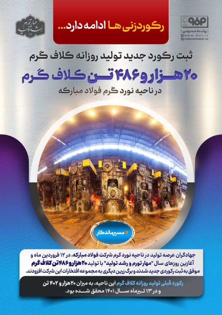 ثبت رکورد توليد روزانه 20 هزار و 486 تن کلاف گرم در فولاد مبارکه