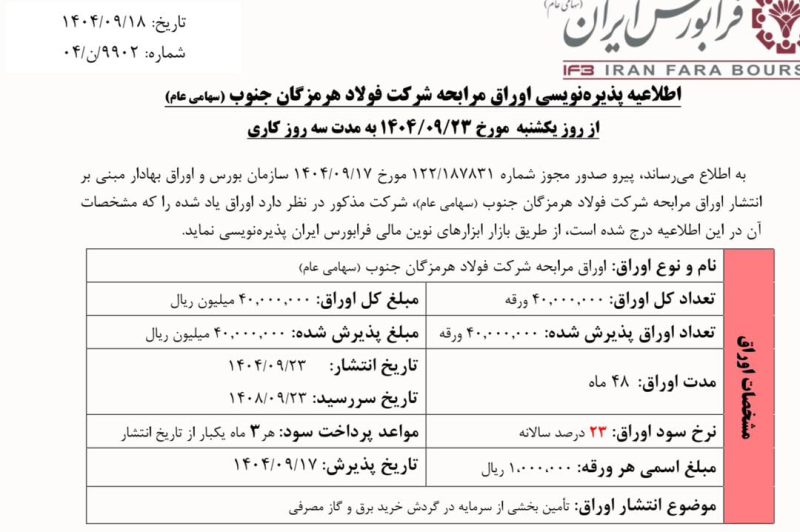 انتشار اوراق مرابحه فولاد هرمزگان برای تأمین مالی طرحهای توسعهای