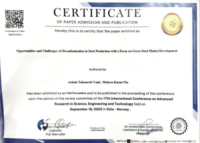 مقاله مهندسان فولاد خوزستان درباره «فولاد سبز» در نروژ برگزیده شد